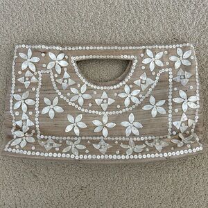 Beaded Floral Handheld Clutch Bag in Beige Linen